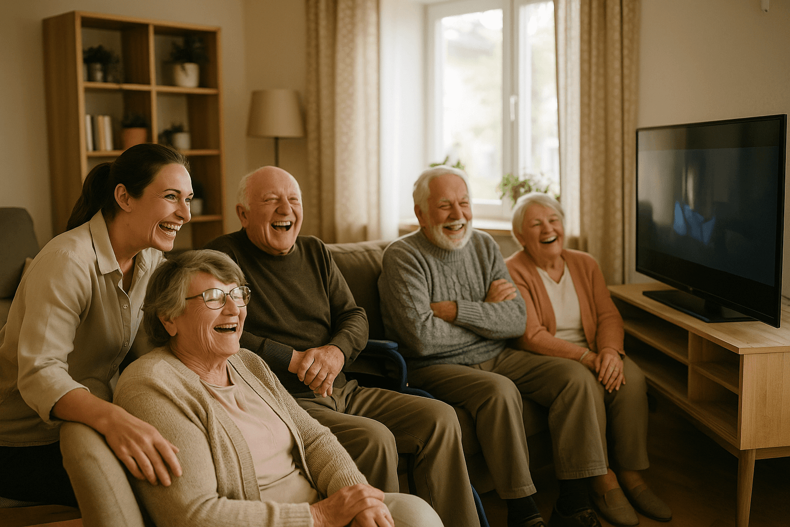Une animatrice et quatre résidents rient ensemble devant l'écran de la salle commune