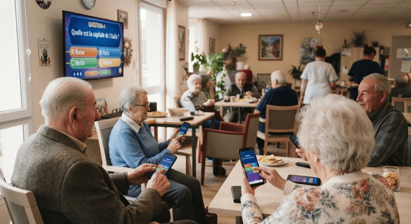 Des résidents attablés en salle commune répondent sur leur téléphone à la question affichée au grand écran